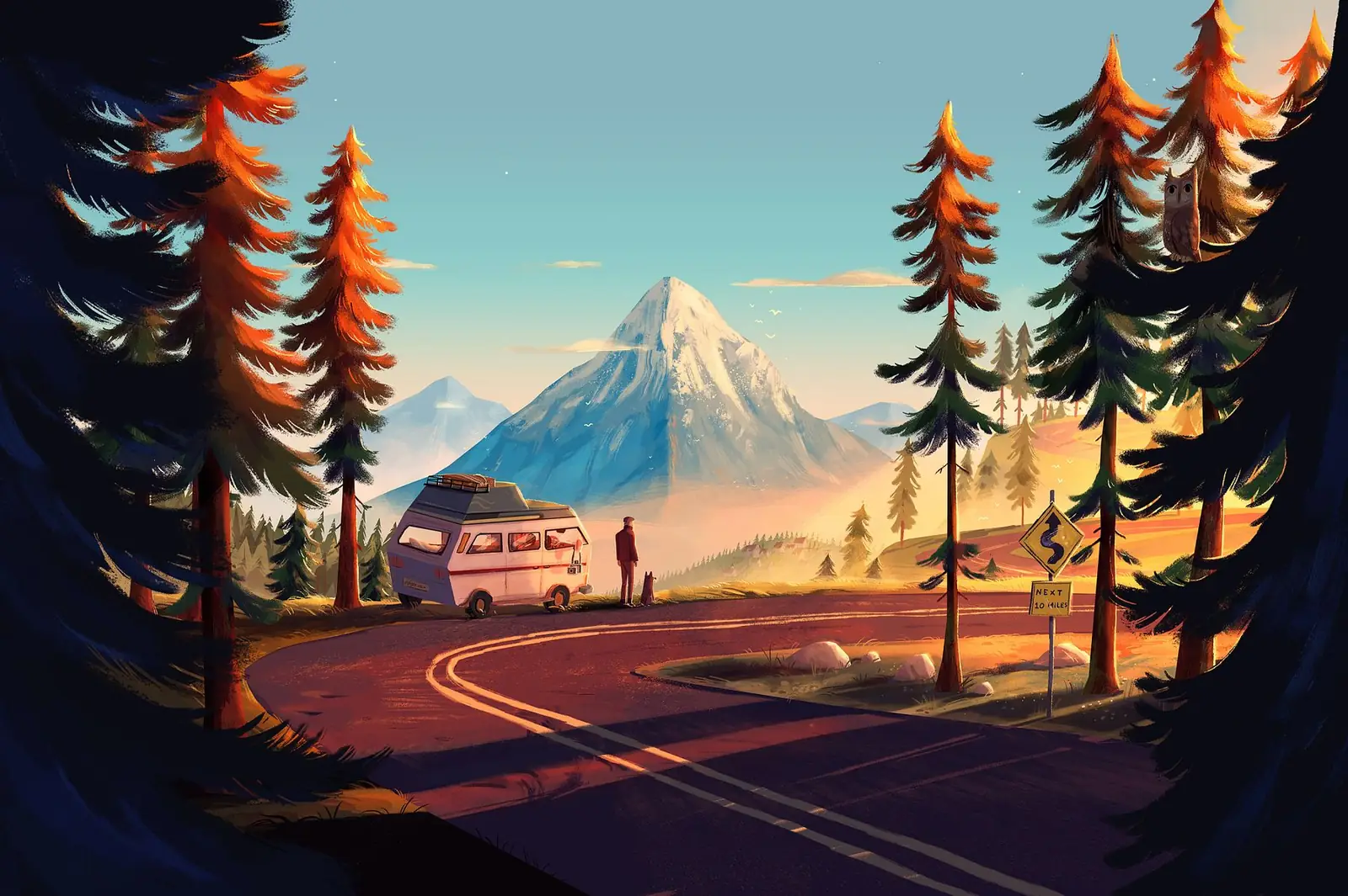 Forever Ago key art showing Alfred and his van beside a mountain road